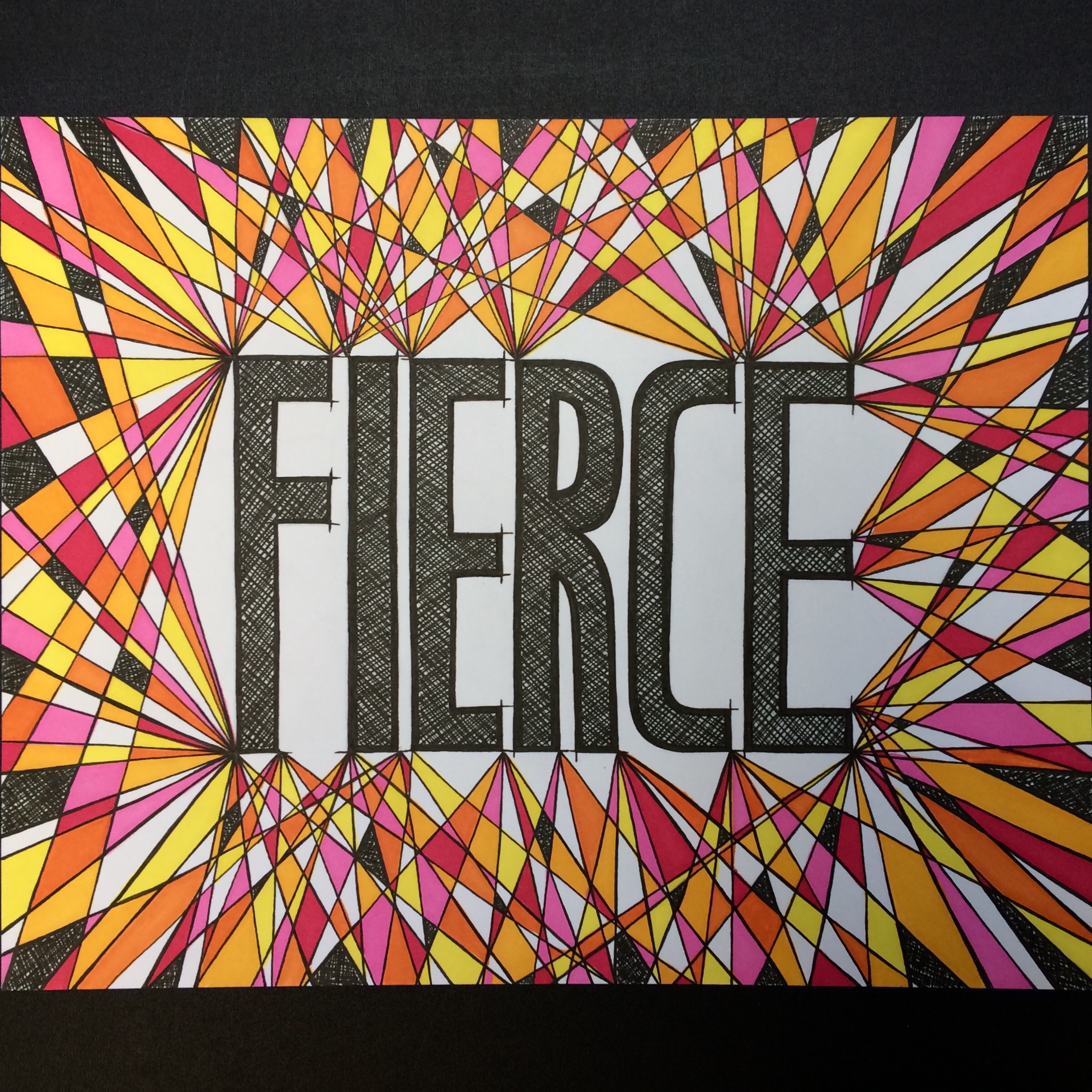 FIERCE word art in bold colors of black, white, orange and pink. Ink and marker drawing. Geometric and abstract.